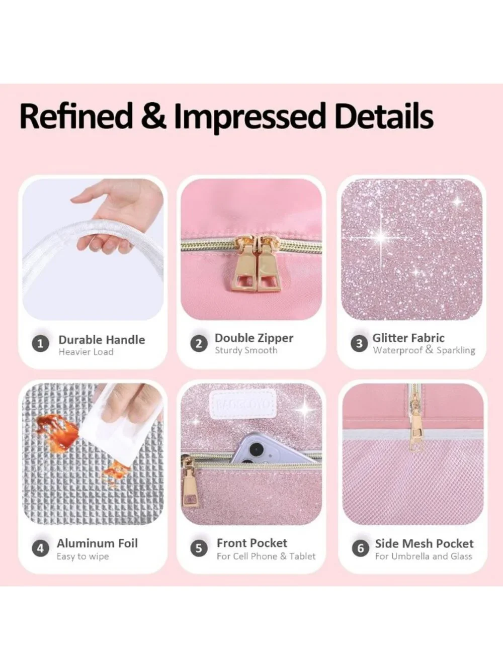 Stylish Leakproof Glitter Lunch Tote - Large Insulated Cooler Bag for Work